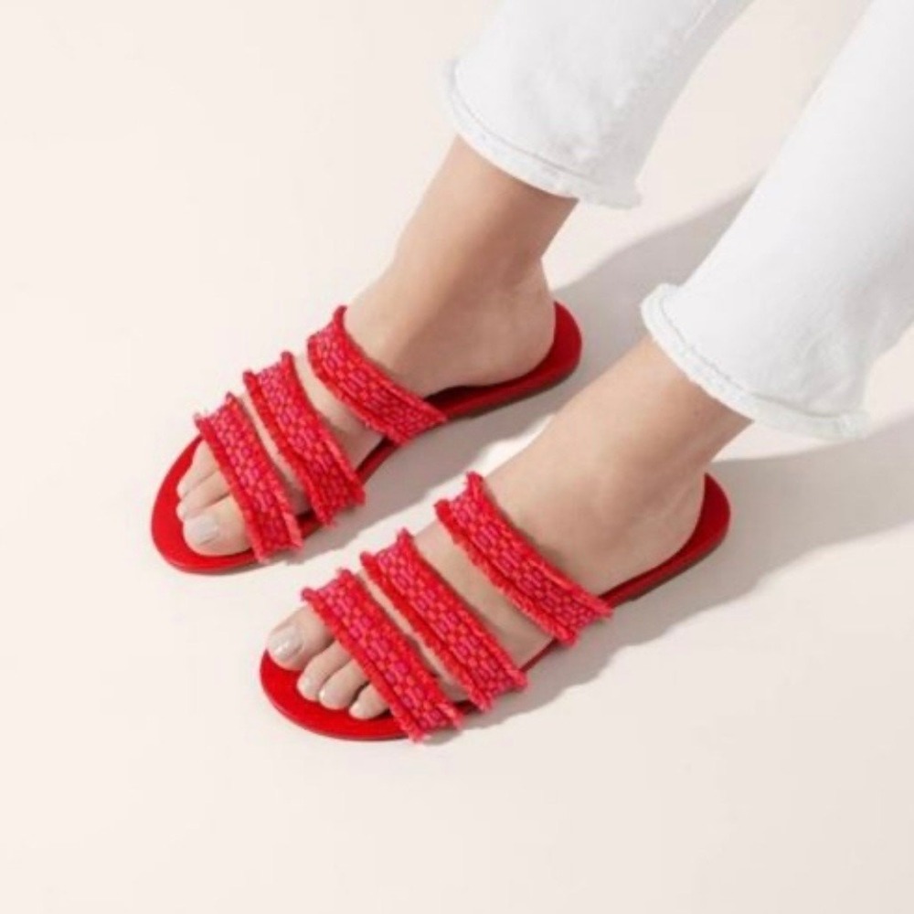 Rothy's Triple Band Fringe Sandals in Red Women's Size 8 OG Limited Edition